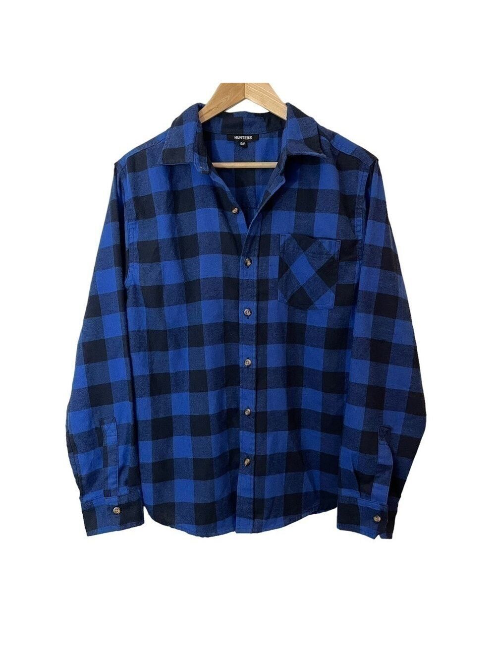 Hunters Plaid Flannel Button Down Shirt Mens S Blue Black Check Casual EUC